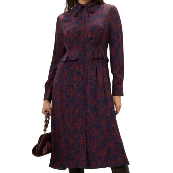 Jason Wu Navy Red Floral Tie Neck Long Sleeve Midi Shirt Dress Size 2 - Picture 1 of 4